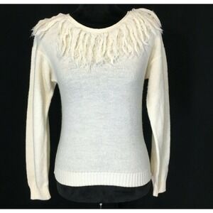 VTG Green Lantern Sweater SMALL Ivory Cream Fringe Wool‎ Long Sl Sebo Unique